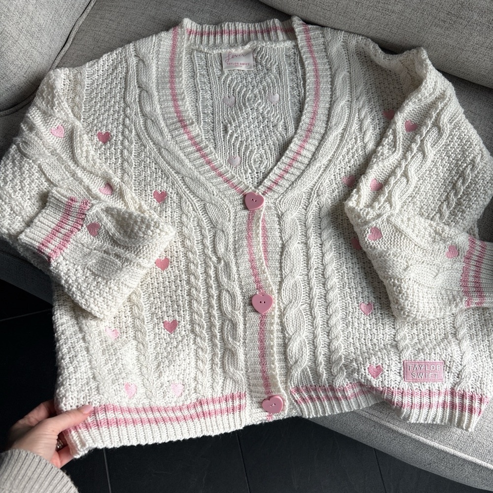 Taylor Swift Cream and Pink Heart Cardigan